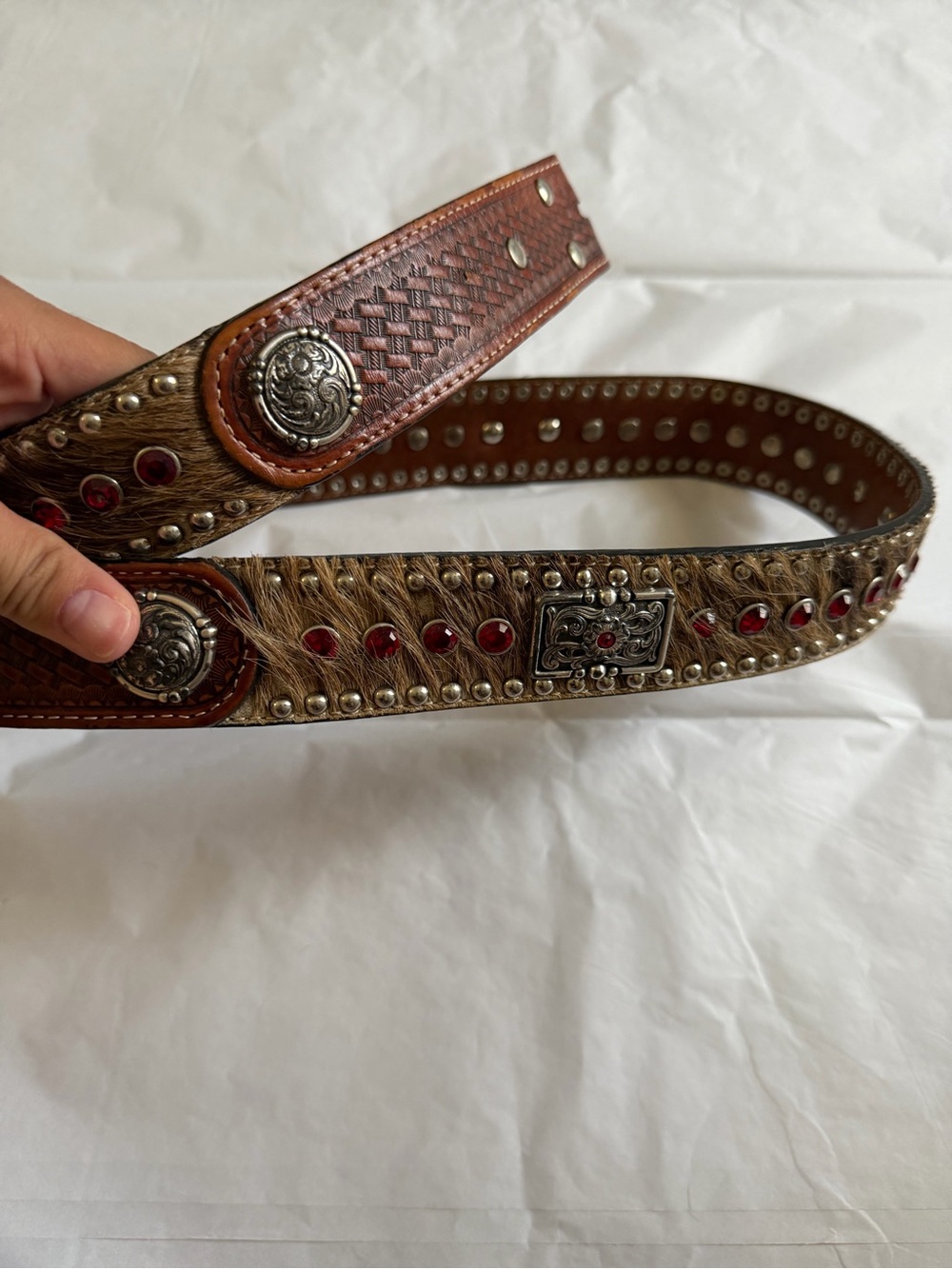 Handcrafted Brown Leather & Fur Studded Men's Belt with Red Gem Accents